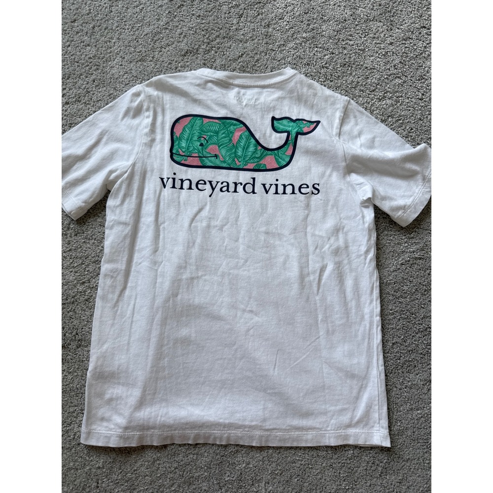 Vineyard Vines Kids White Palm Leaf Whale Graphic Pocket T-Shirt Size S 8-10